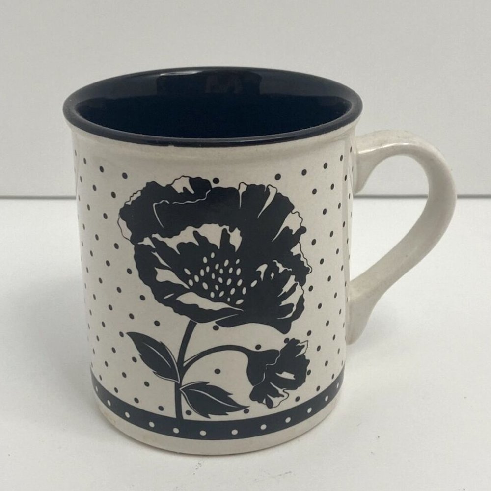 1989 Potpourri Press Coffee Mug Cup Black and White Dot Floral Made in Korea